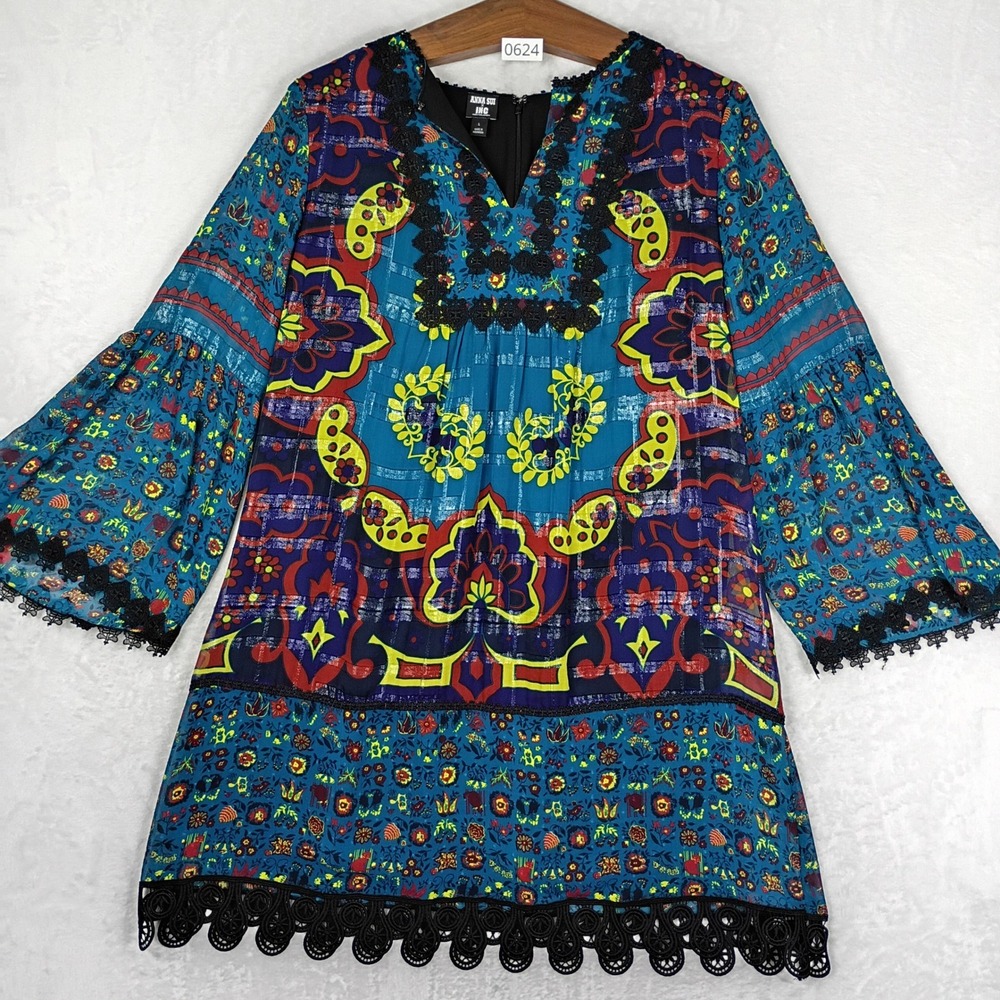 Anna Sui x INC Tunic Dress Womens Large Blue Floral Boho Festival Crochet Trim